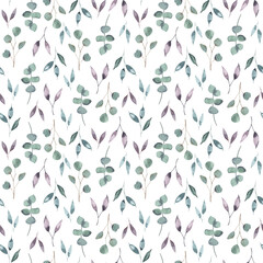 Christmas seamless pattern with green leaves, eucalyptus and blue berries. Hand made illustration. New year on white background. for textile, greeting cards,wallpaper, wrapping papers, holiday.