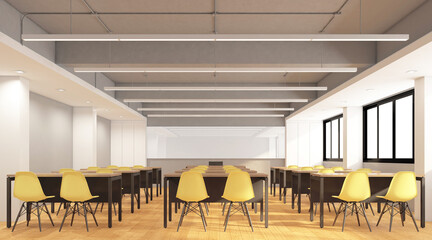 Loft class room with table and chair set, whiteboard and grey plaster wall. 3D rendering