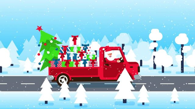Santa Claus is carrying gifts and a Christmas tree on the truck. Santa's car drives through the winter forest during a snowfall. Looped animation.