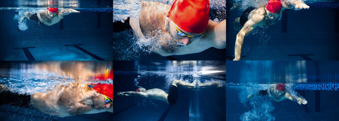Fototapeta Set of imagesof male swimmer in red cap and goggles in motion and action during training at pool. obraz