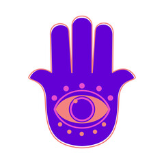 Hamsa purple Judaism icon on white background. Symmetrical shape with thumbs on both sides. The Muslim hamsa contains the image of the eye. Vector.