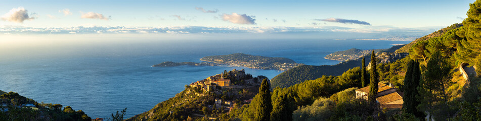 Panoramic view of the Village of Eze and the Mediterranean Sea in Summer with Saint-Jean-Cap-Ferrat. Provence-Alpes-Cote d'Azur, French Riviera, France - obrazy, fototapety, plakaty
