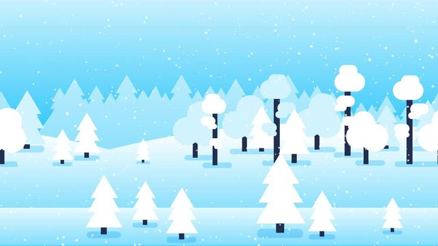 Snowfall on winter road. Winter forest snowy landscape with road. looped animation