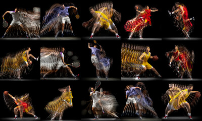 Collage of images of professional basketball and tennis player in motion isolated on dark...