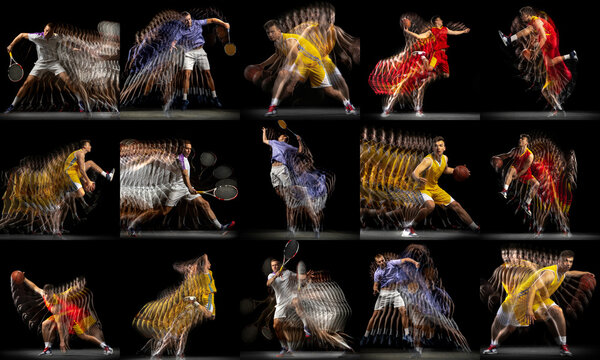 Collage of images of professional basketball and tennis player in motion isolated on dark background with stroboscoper effect.