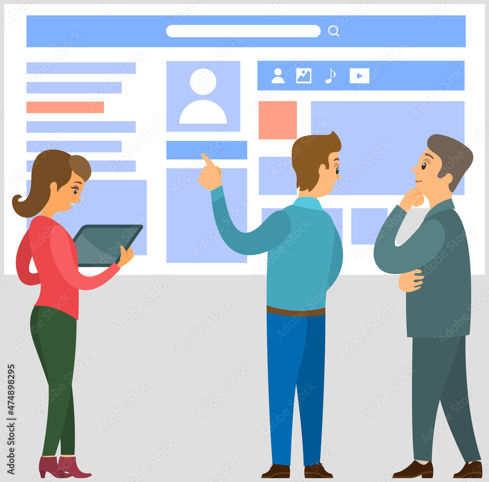 Poster colleagues discussing design of customer profile. employees work with account in social media. inter
