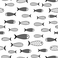 Fish icon seamless pattern, sea life flat style repeat pattern black and white