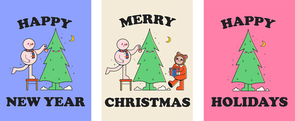 merry christmas card, happy new year poster, happy holidays banner, cute linear illustration, giftboxes, christmas tree, snowman, child with bear hat, moon and stars, christmas tree decoration 