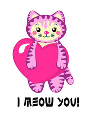 Cute kitty holding a heart, I meow you Valentine's day card, kawaii style sweet kitten, a little tiger in love 