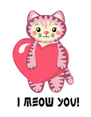 Cute kitty holding a heart, I meow you Valentine's day card, kawaii style sweet kitten, a little tiger in love 