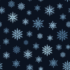 Fototapeta na wymiar Ornamental snowflakes on dark blue background seamless pattern 