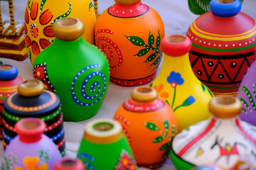 Traditional handmade Colorful toys made from wood, wooden toys, family, selective focus.