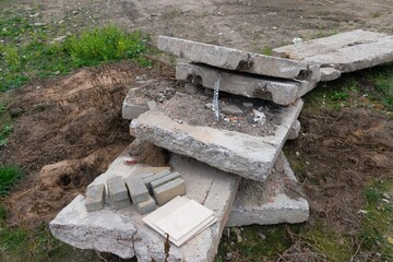 Debris concrete demolition ruin house wall junk pieces construction chunks and stones
