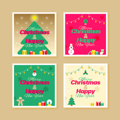 Naklejka premium Set of Cute Merry Christmas Happy New Year Santa Claus Gingerbread man Christmas Tree Snow Globe Gift Snowman Wreath Sock Candy Cane Present Christmas Wreath Snowflake Star Decorative light Square