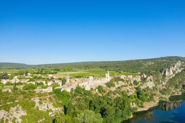 The clifftop town of Aigueze in Europe, France, Ardeche, summer, on a sunny day.