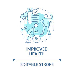 Improved health turquoise concept icon. Balanced lifestyle for wellness abstract idea thin line illustration. Isolated outline drawing. Editable stroke. Roboto-Medium, Myriad Pro-Bold fonts used