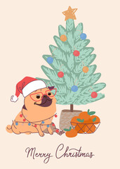 Funny dog pug wearing a Santa Claus hat on christmas card. Vector greeting card in flat style with lettering Merry Christmas