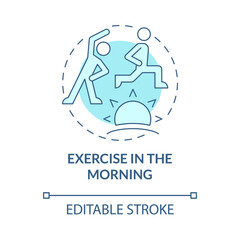 Exercise in morning turquoise concept icon. Workout for healthy lifestyle abstract idea thin line illustration. Isolated outline drawing. Editable stroke. Roboto-Medium, Myriad Pro-Bold fonts used
