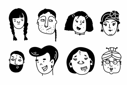 Doodle cute faces set. Hand-drawn outline people isolated on white background. Human Avatar Collection. Cartoon young, old different expressions of women, men. Children's portrait. Vector illustration