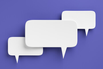 Social media notification icons, white speech bubbles on Very Peri color background. 3D rendering