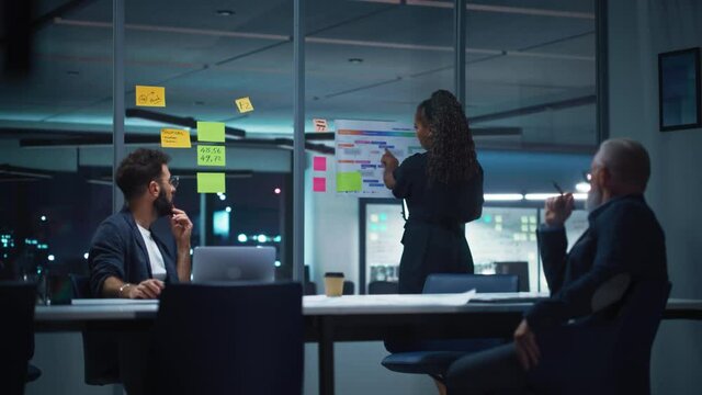 Office Conference Room Meeting: Diverse Team of Top Managers Talk, Brainstorm, Use Laptop Computer. Business Partners Discuss Financial Reports, Plan Investment Strategy and Managerial Operations.