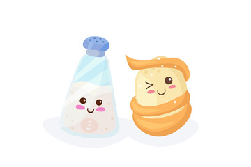 Kawaii Potato with Salt vector characters isolated on white background. Funny happy smiling food characters. Cute yummy baked potato mascot illustration. Kids menu, poster, card, fabric print concept.