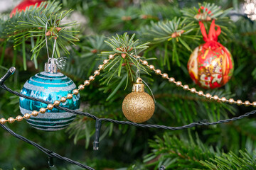 selected focus of a gold  bauble hanging off a douglas fir christmas tree