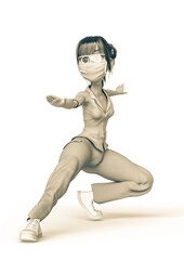 nurse cartoon doing a combat fighter pose in white background