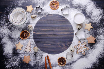 Ingredients for Christmas cookies on wooden background with place for text