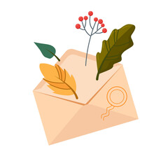Envelope with beautiful autumn leaves. Vector illustration on a white background.