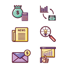 Business icons. Colorful icon of money calculator, money buy assets, newspaper, magnifying glass bulb idea, business email, good char goes up