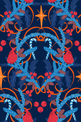 Seamless pattern with Red cardinal bird, star, red berries, ribbon, pine cones. Dark blue background. Seamless vector pattern. Can be used for  fabric design, wallpapers, wrapping paper. 