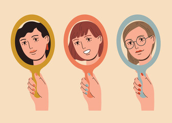 Set of happy beautiful women looking in the mirror and smiling. Love yourself, self acceptance concept.  Hand drawn vector colorful funny cartoon style illustration - obrazy, fototapety, plakaty