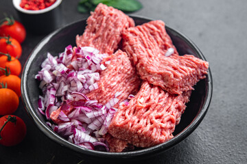 ground meat fresh minced meat pork, beef, lamb cutlets or meatballs healthy meal food diet snack on...