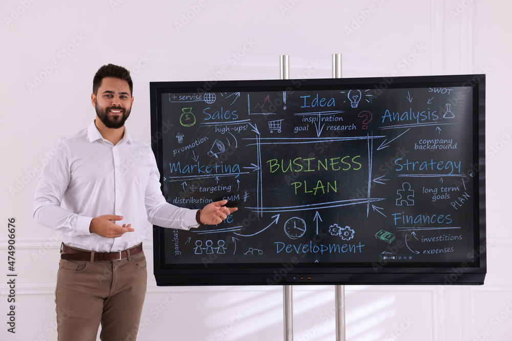 Sticker Business trainer using interactive board in meeting room