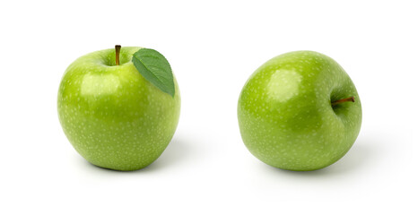 fresh green apple fruit with leaves isolated on white background, set.