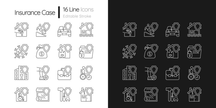 Insurance types linear icons set for dark and light mode. Financial protection. Customizable thin line symbols. Isolated vector outline illustrations. Editable stroke. Quicksand-Light font used