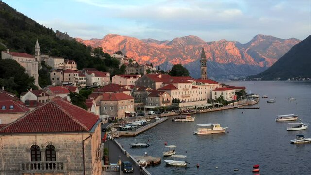 Evening Perast after sunset, Bay of Kotor, Montenegro.