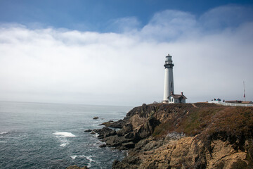 The Pigeon Point Lighthouse on Highway 1, Pacific Coast Highway on Near Big Sur, California, with a Massive White Cloud Bank in the Background