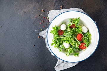 salad mozzarella, tomato, lettuce, arugula healthy meal food diet snack on the table copy space food background rustic. top view keto or paleo diet veggie vegan or vegetarian food