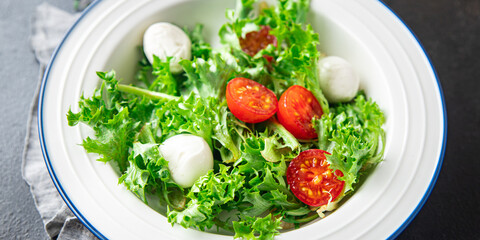salad mozzarella, tomato, lettuce, arugula healthy meal food diet snack on the table copy space food background rustic. top view keto or paleo diet veggie vegan or vegetarian food