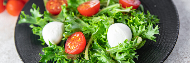 salad mozzarella, tomato, lettuce, arugula healthy meal food diet snack on the table copy space food background rustic. top view keto or paleo diet veggie vegan or vegetarian food