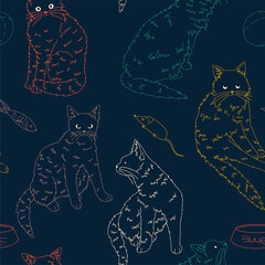 Cats pet animals, funny kittens seamless pattern. Hand drawn vector illustration. Colored ornament. Design for decor, wallpaper, background, textile.