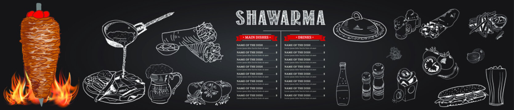 Shawarma cooking and ingredients for kebab. Doner kebab hand drawn. Middle eastern food. Fast food menu design elements. Restaurant cafe menu, template design. Food flyer. Vector.