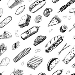 Fast food sketches seamless pattern. Delicious food ornament. Hand drawn vector illustration. Retro style design for decor, wallpaper, background, textile.