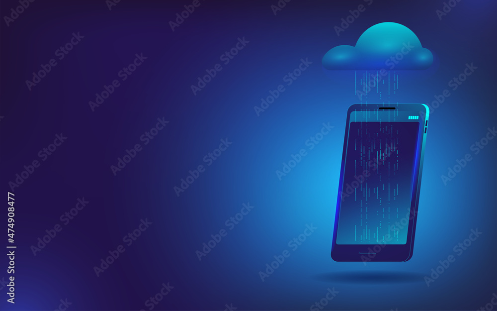 Poster the data stream is uploaded to the cloud storage from a mobile phone. vector illustration in neon co