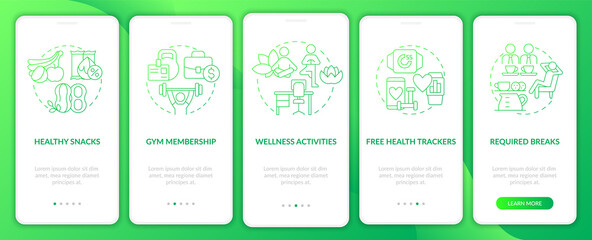 Employee health perks onboarding mobile app page screen. Gym membership walkthrough 5 steps graphic instructions with linear concepts. UI, UX, GUI template. Myriad Pro-Bold, Regular fonts used