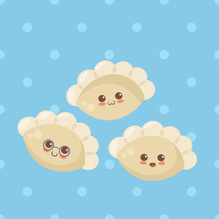 Kawaii smiling dumplings vector illustration. Cute cartoon food characters in light colors. Use for card, food package, t-shirt print, children menu, wrapping paper. Restaurant, cafe decoration.