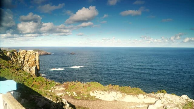 Seascape of Atlantic ocean and Asturias rocky coast at Cape Penas. Sea shore with high cliffs in north Spain.