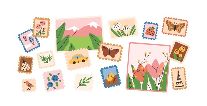 Postage stamps and post cards. Different postal labels for envelopes and postcards. Sticky postmarks with landmarks, nature and flowers. Colorful flat vector illustration isolated on white background